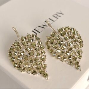 LAST ONE Leaf Stud Earrings 925 Sterling Silver 18k Gold Plated Green Sapphire